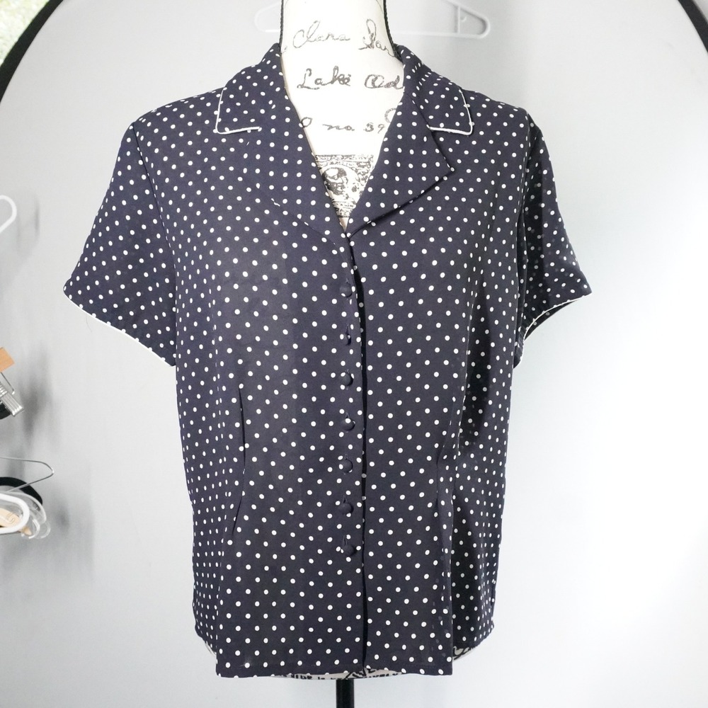 VTG Casual Corner Navy Polka Dot Short Sleeve Button Top Nautical Coastal